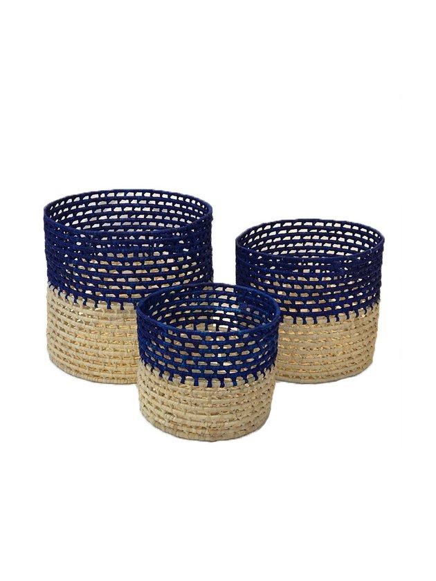 cesto de palha cachepo azul kit carnauba lili casa e construcao
