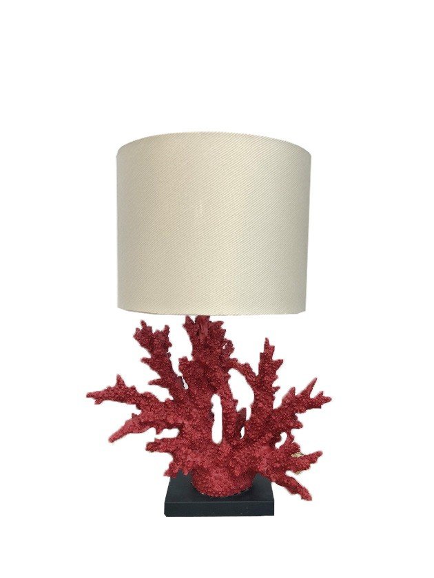 abajur de mesa coral vermelho cupula linho medio lili casa e construcao